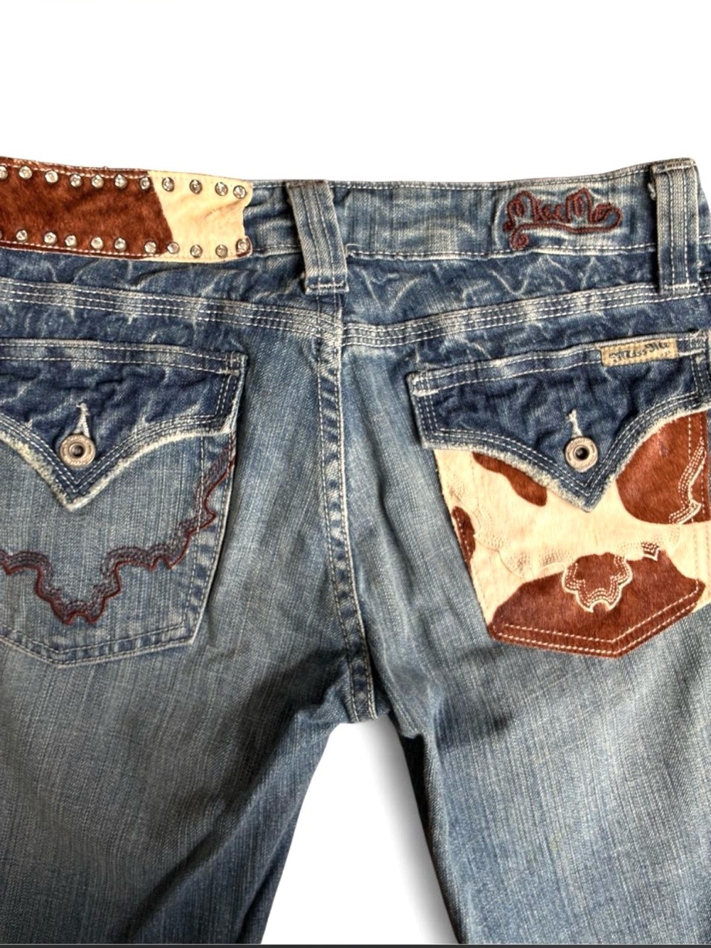 Y2K Miss Me vintage cowhide studded Blue Denim Bootcut Jeans western cowgirl 28